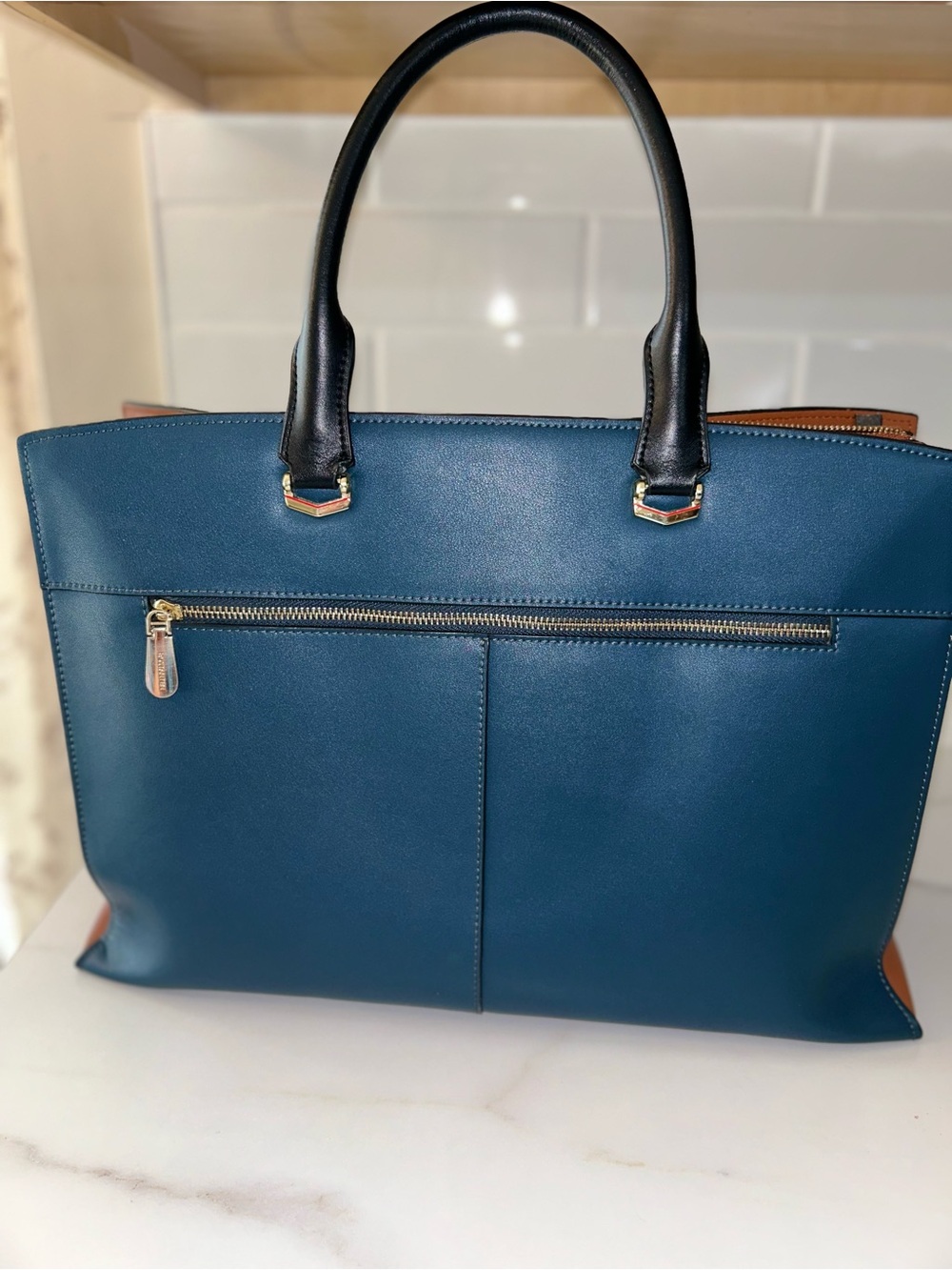 Bostanten Leather Laptop Tote Bag in Navy with Black Handles and Tan Trim/lining - Picture 10 of 15